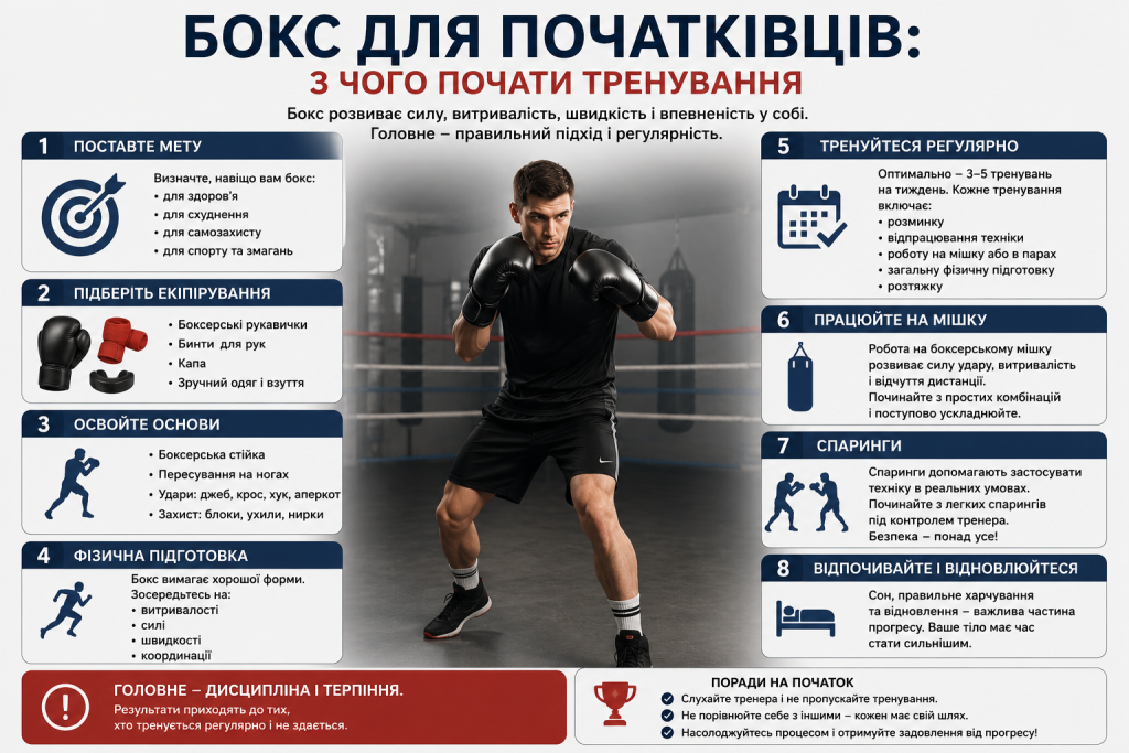 Інфографіка з покроковими порадами для початківців щодо тренувань з боксу