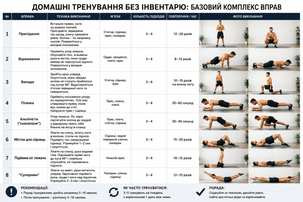Інфографіка з комплексом домашніх вправ без спортивного інвентарю та технікою виконання.