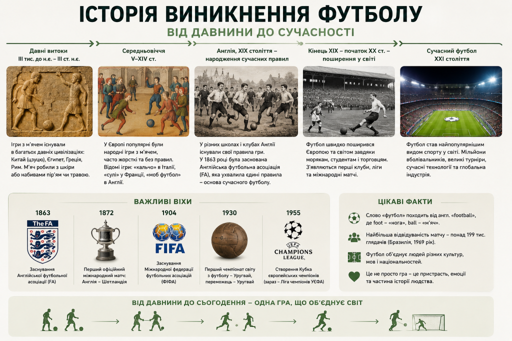 Інфографіка з хронологією розвитку футболу від давніх цивілізацій через середньовіччя та заснування FA у 1863 році до сучасного глобального спорту з ключовими датами та фактами