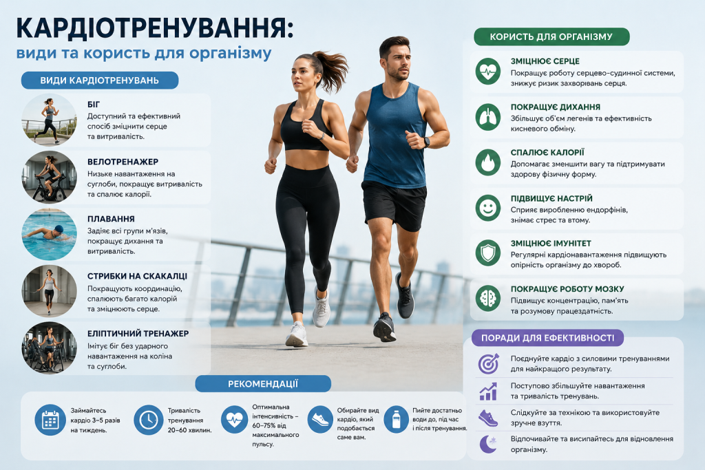 Інфографіка про кардіотренування з описом п'яти основних видів, користі для серця, дихання, імунітету та роботи мозку, а також рекомендацій щодо частоти й інтенсивності