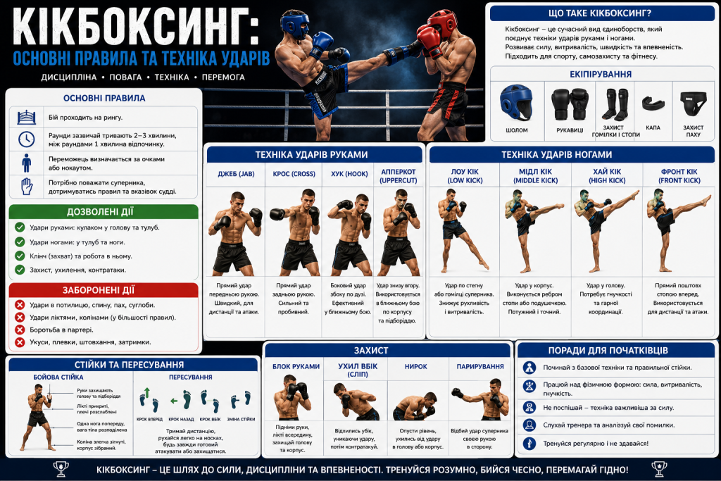 Інфографіка з основними правилами кікбоксингу, технікою ударів руками та ногами