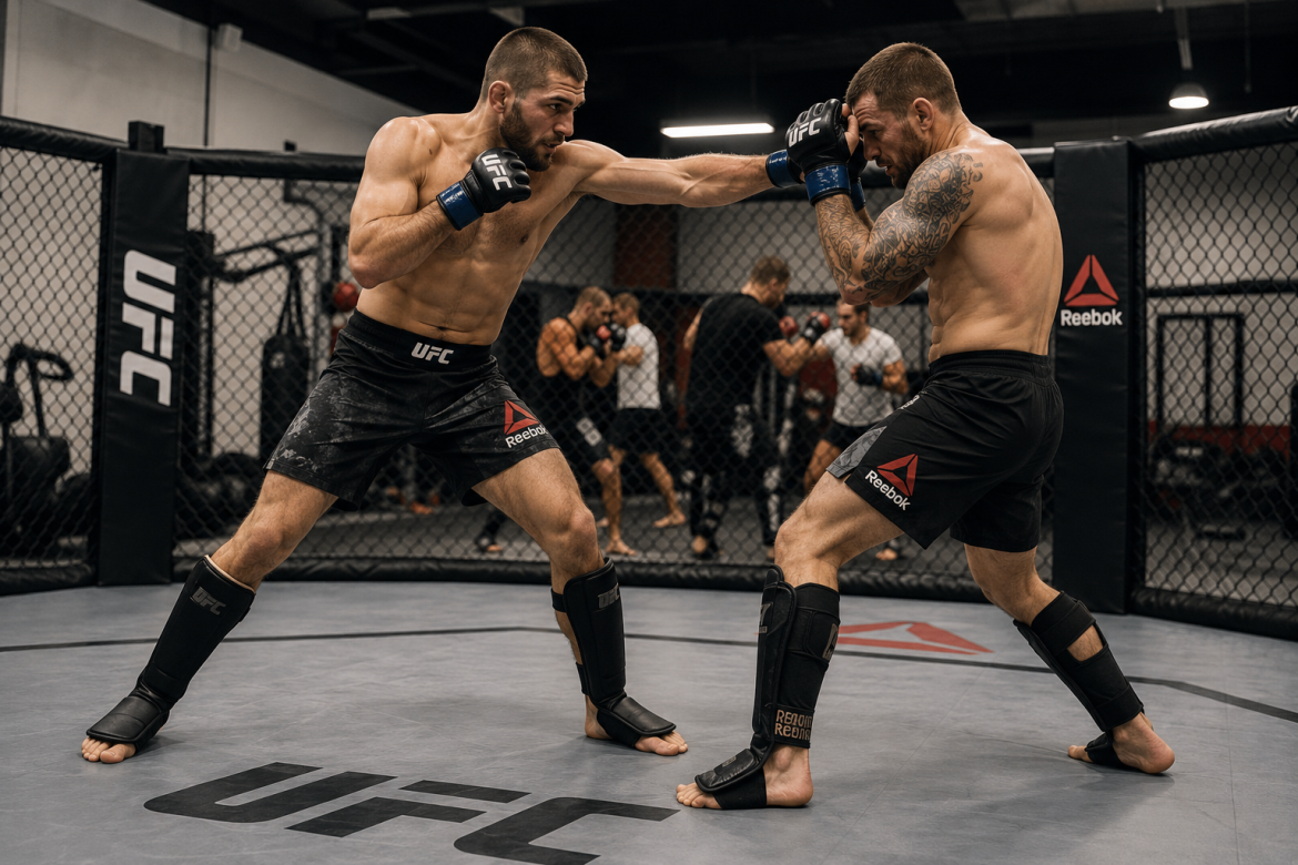 Двоє спортсменів у шортах UFC та рукавичках відпрацьовують удари в октагоні під час тренувального спарингу, на фоні інші бійці займаються в залі