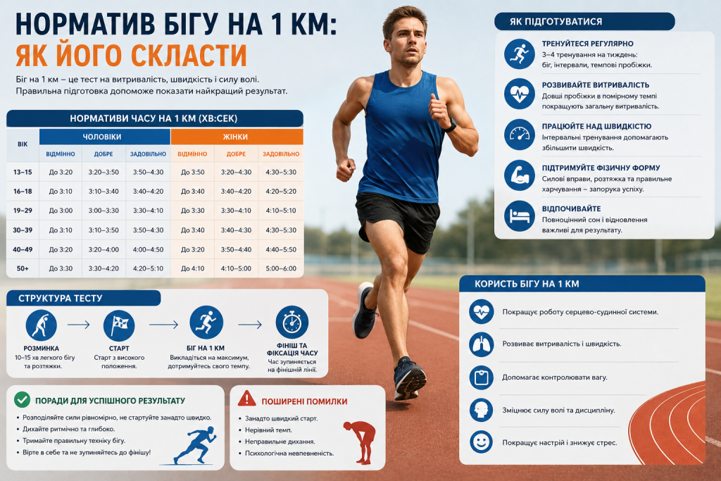 Інфографіка з таблицею нормативів бігу на 1 км для чоловіків і жінок різного віку, порадами з підготовки, структурою тесту та поширеними помилками