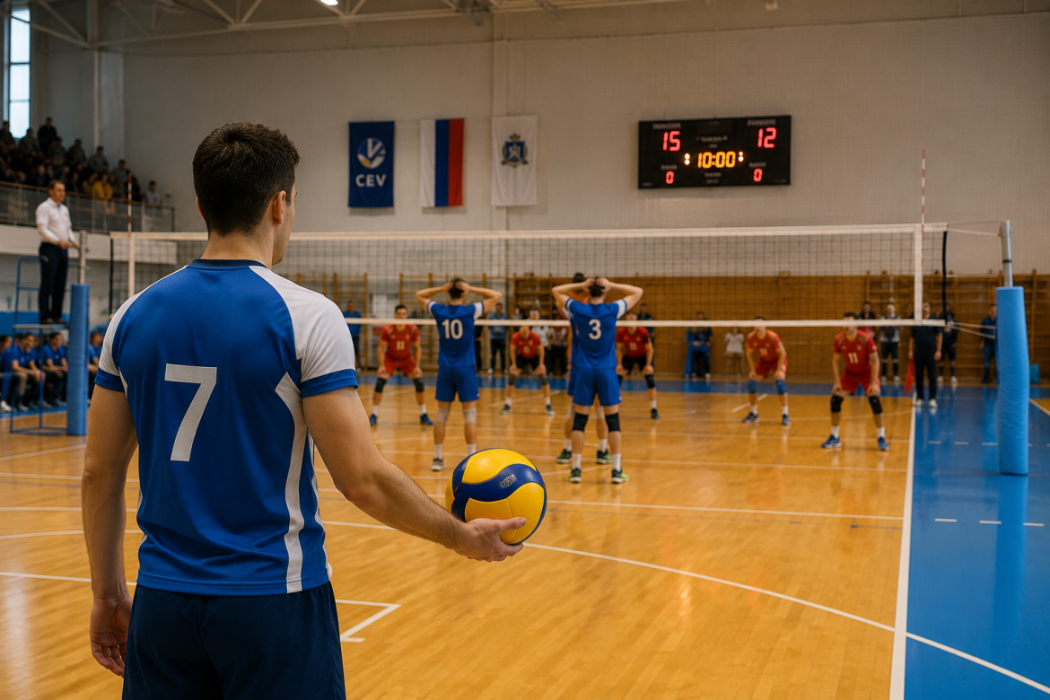 Гравець тримає волейбольний м'яч перед виконанням подачі