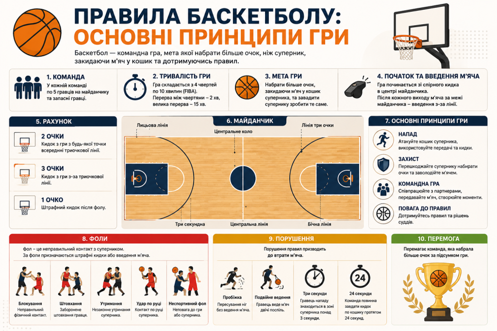 Інфографіка з правилами баскетболу — склад команди, тривалість гри, рахунок, схема майданчика, фоли, порушення та умови перемоги