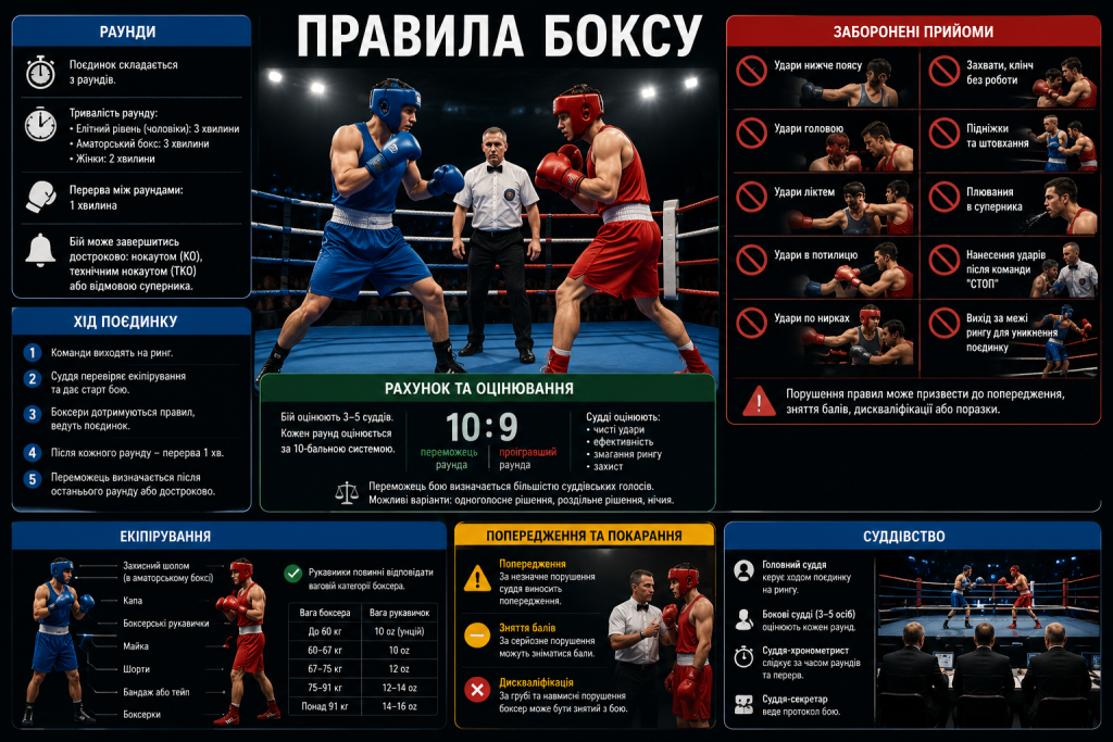 Інфографіка з правилами боксу: тривалість раундів, хід поєдинку, система рахунку 10:9, заборонені прийоми, екіпірування залежно від вагової категорії та роль суддів