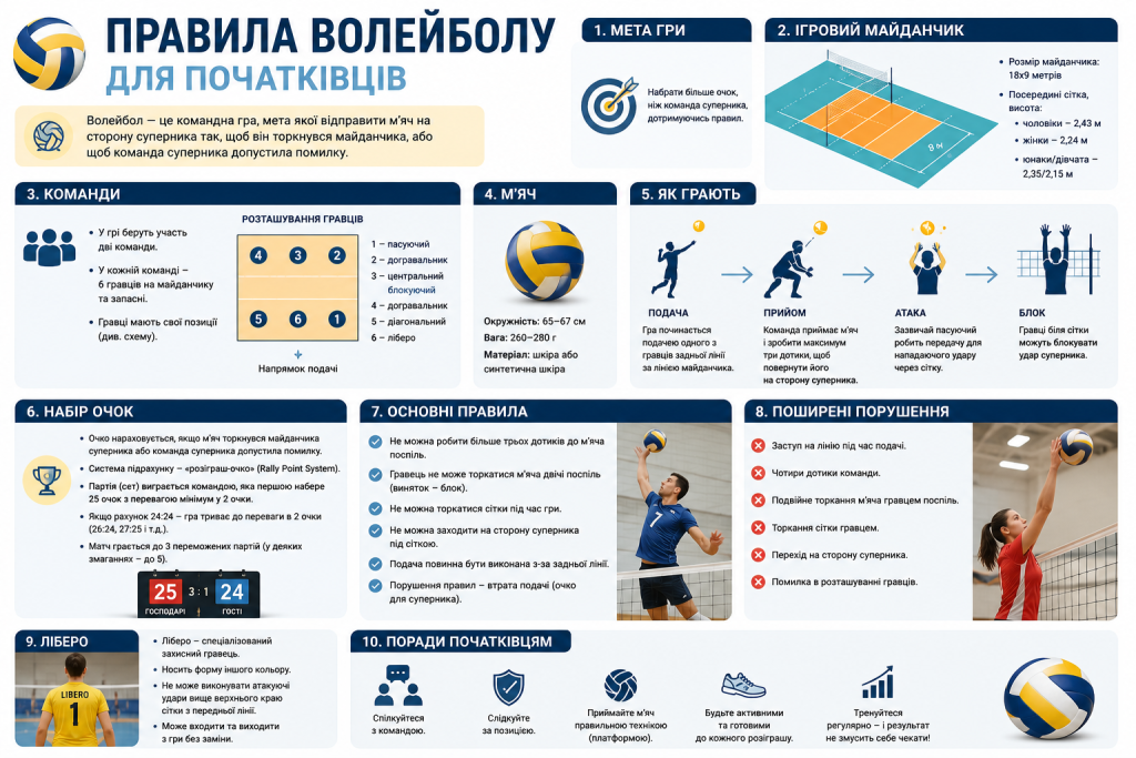 Інфографіка з основними правилами волейболу для новачків