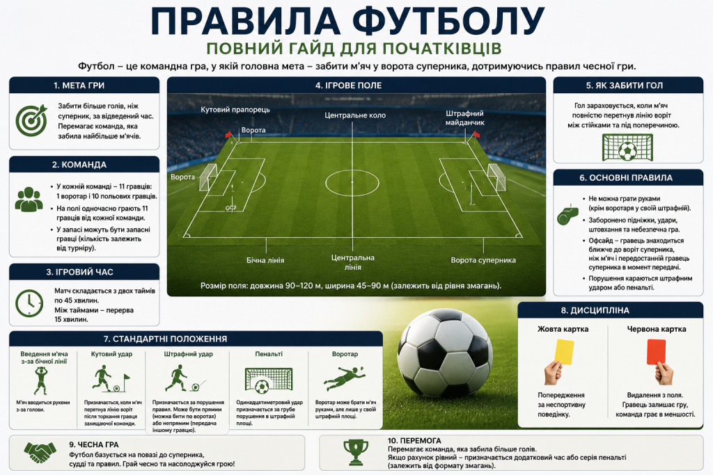 Інфографіка з правилами футболу, схемою поля та поясненням основних положень гри