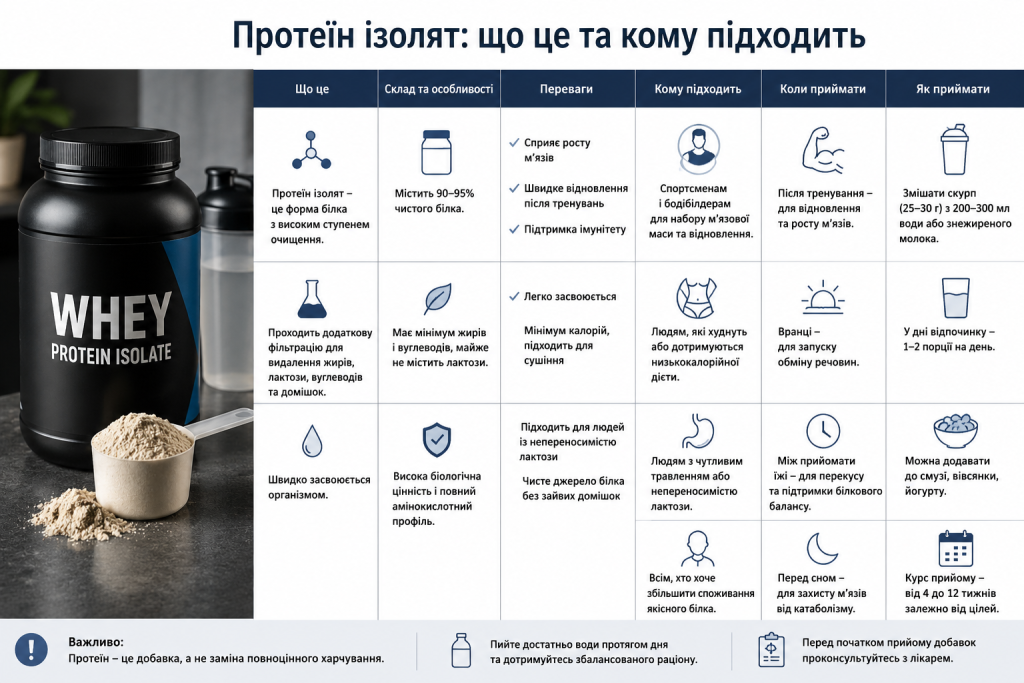 Інфографіка про переваги, склад, способи прийому та особливості протеїну ізоляту.