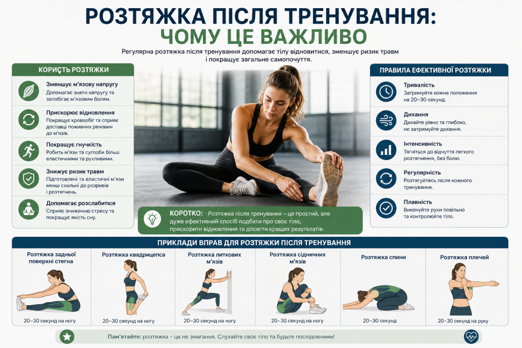 Інфографіка про розтяжку після тренування з описом користі, правил ефективного виконання та шести прикладів вправ для різних груп м'язів