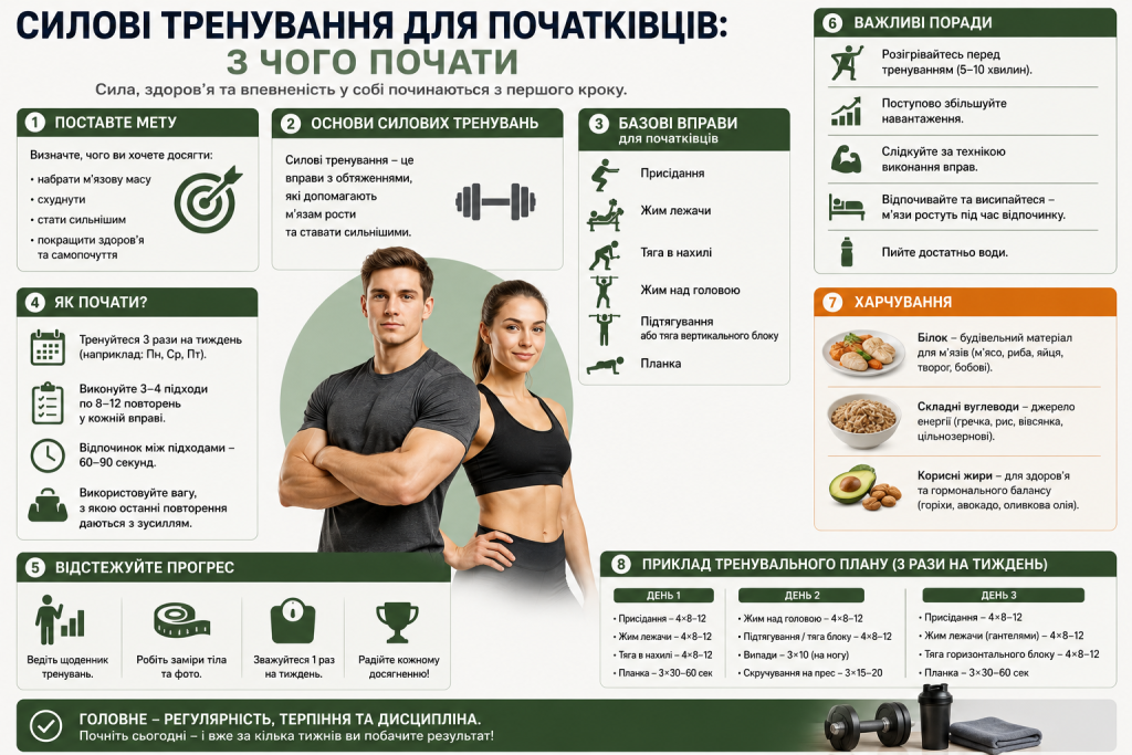 Інфографіка про силові тренування для початківців з описом постановки мети, базових вправ, плану на три дні на тиждень, харчування та порад щодо відпочинку та прогресу
