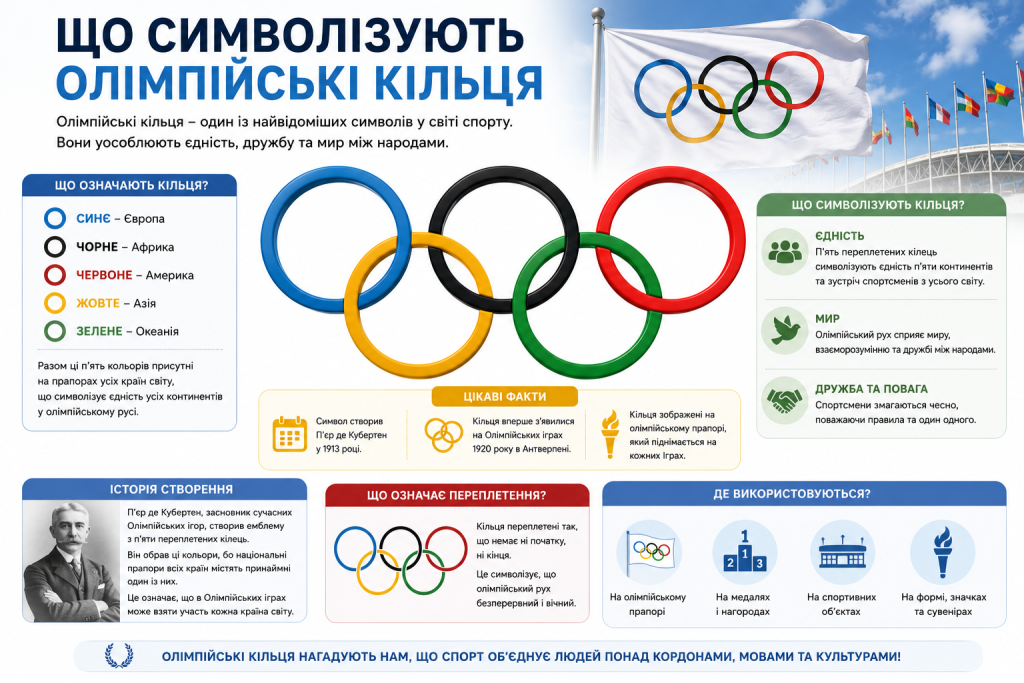 Інфографіка про значення олімпійських кілець, історію символу та його використання.