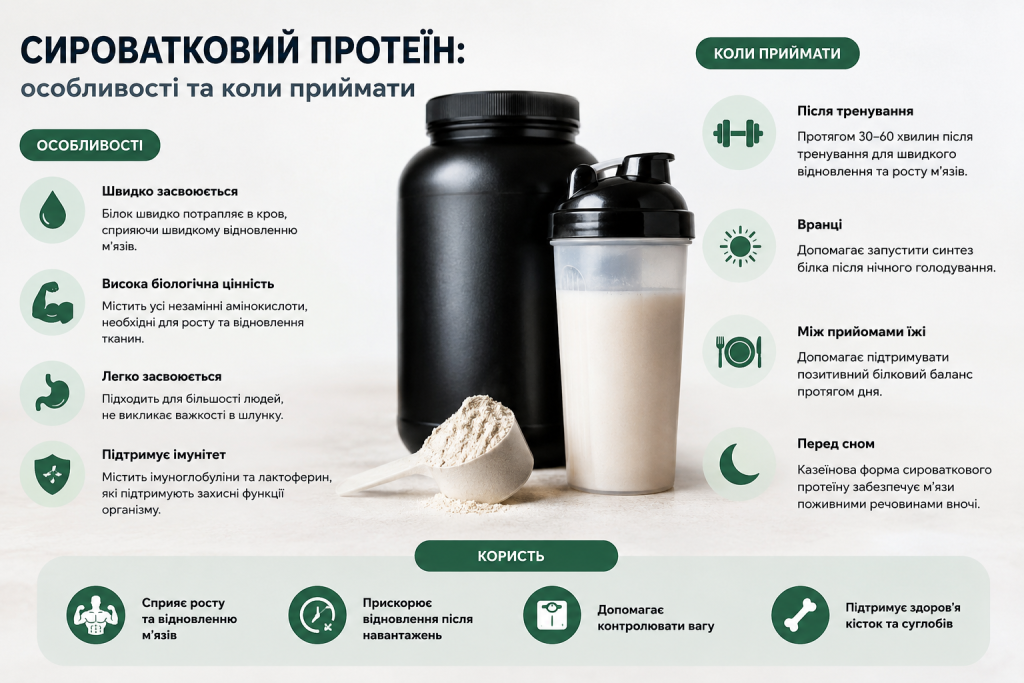 Інфографіка про сироватковий протеїн з описом особливостей, оптимального часу прийому — після тренування, вранці, між їдою та перед сном — і користі для організму