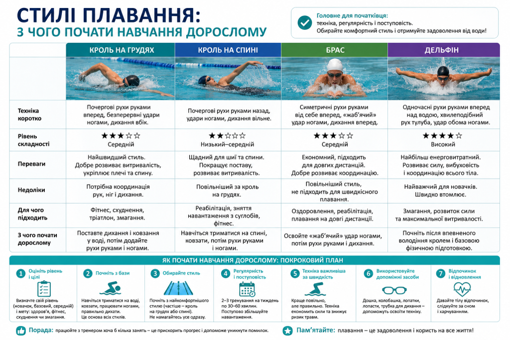 Інфографіка з порівнянням стилів плавання для дорослих: кроль, брас і дельфін