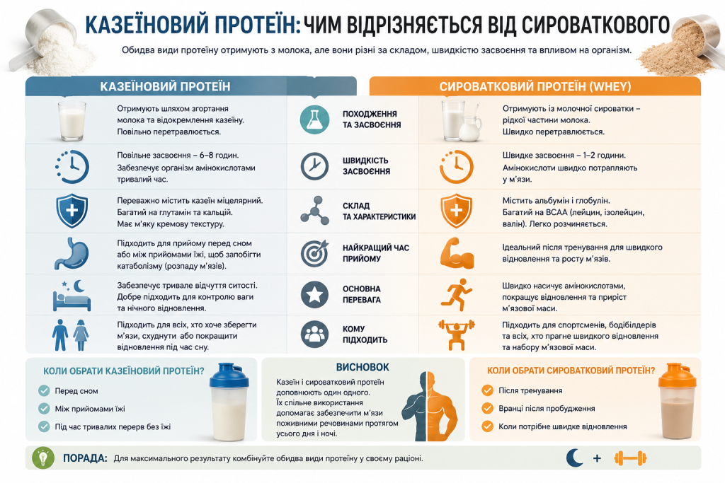 Порівняльна інфографіка казеїнового та сироваткового протеїну за складом, швидкістю засвоєння, часом прийому та основними перевагами