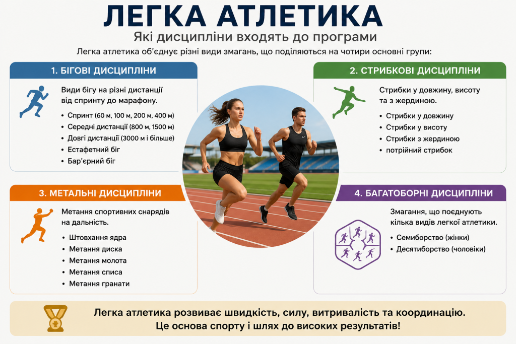 Інфографіка з чотирма групами дисциплін легкої атлетики — бігові, стрибкові, метальні та багатоборні