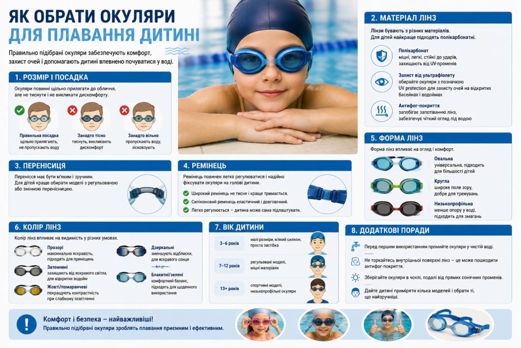 Інфографіка про вибір дитячих окулярів для плавання з описом правильної посадки, матеріалів лінз, типів перенісці, ременців, кольорів лінз та рекомендацій за віком дитини