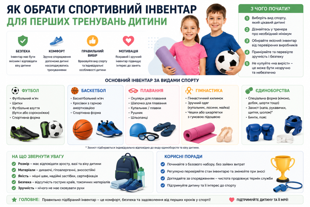 Інфографіка з порадами щодо вибору спортивного інвентарю для дітей за видами спорту