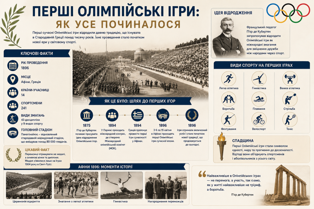 Інфографіка про перші сучасні Олімпійські ігри з ключовими фактами, хронологією відродження, видами спорту та архівними фото церемонії відкриття і змагань