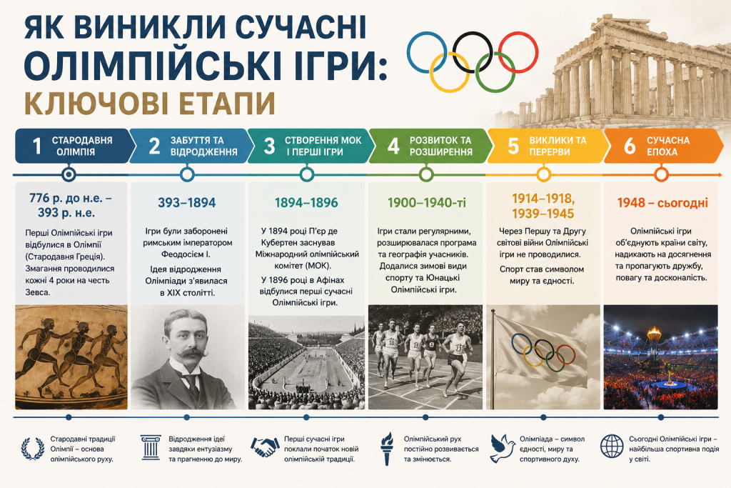 Інфографіка з хронологією виникнення Олімпійських ігор — від Стародавньої Олімпії 776 р. до н.е. до сучасної епохи, з описом шести ключових етапів розвитку