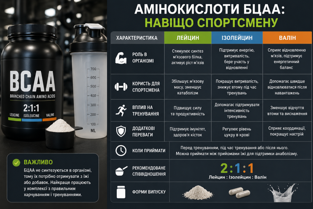 Інфографіка про амінокислоти BCAA, лейцин, ізолейцин і валін, їх роль у тренуваннях, відновленні та роботі м’язів