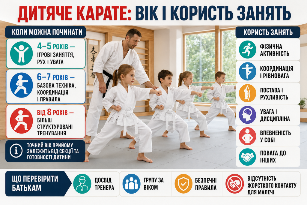Інфографіка про дитяче карате з рекомендованим віком початку тренувань, користю для розвитку та порадами батькам.