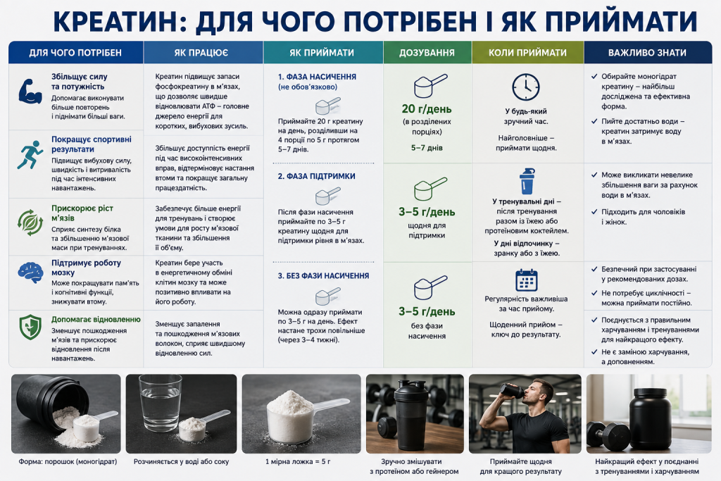 Інфографіка про користь креатину, принцип його дії, дозування, фазу насичення та правила прийому для тренувань і відновлення.