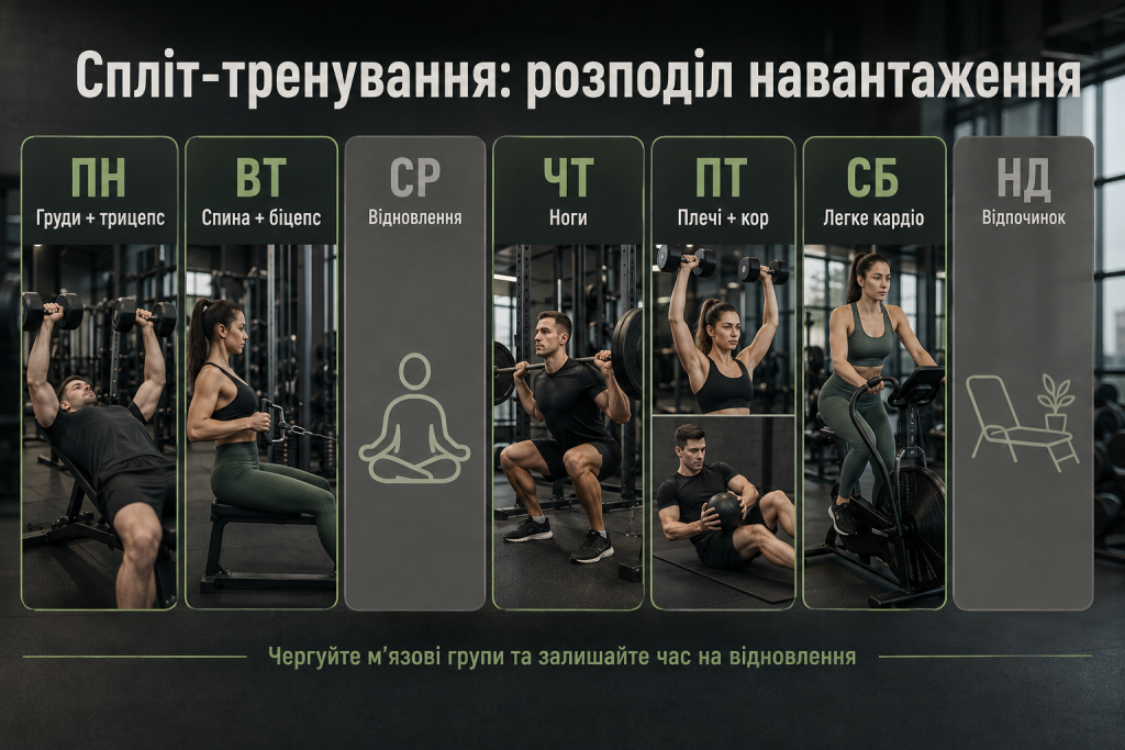 Інфографіка з тижневим планом спліт-тренувань для грудей, спини, ніг, плечей, кора та кардіо
