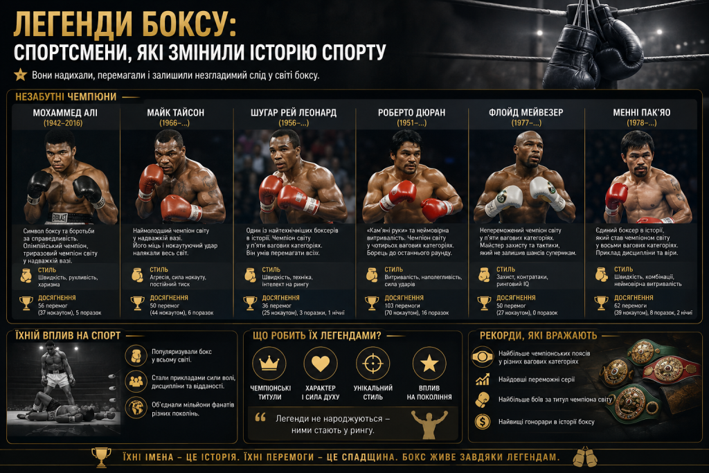 Інфографіка про легендарних боксерів, які вплинули на історію боксу, їхні стилі, досягнення та спортивну спадщину