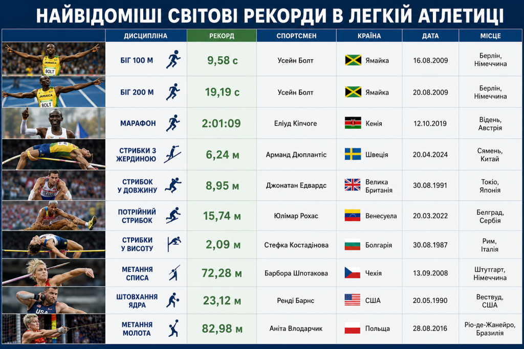 Таблиця зі світовими рекордами в бігу, марафоні, стрибках, метанні списа, штовханні ядра та інших дисциплінах легкої атлетики.