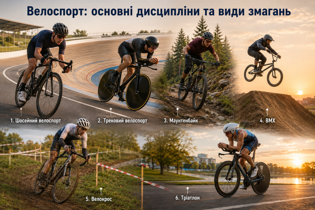 Інфографіка про шосейний і трековий велоспорт, маунтенбайк, BMX, велокрос та тріатлон
