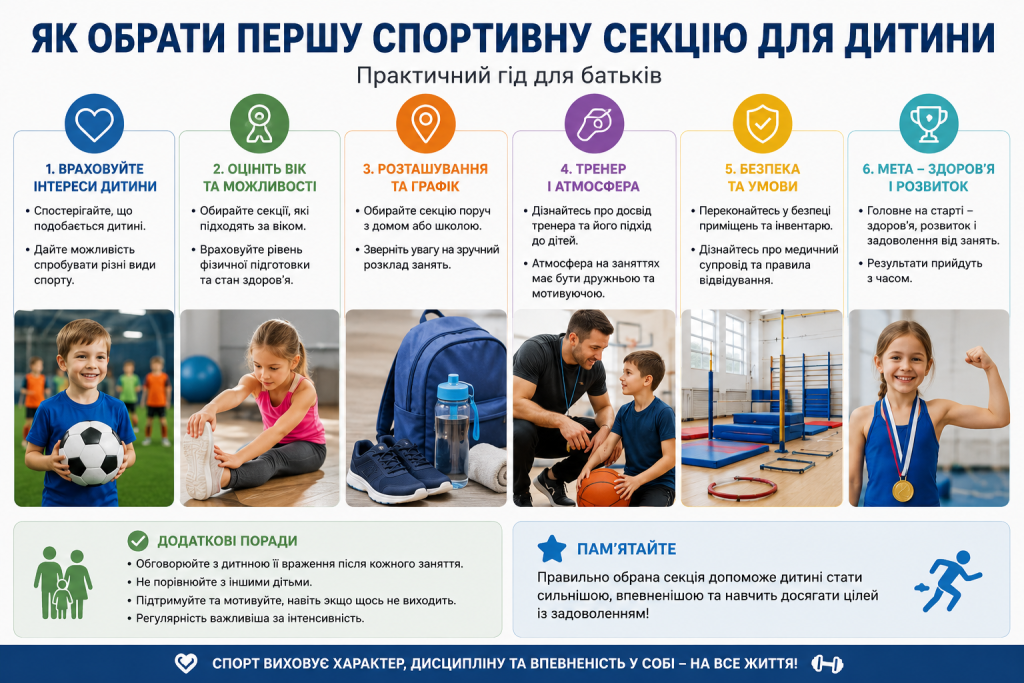 Інфографіка для батьків про вибір спортивної секції для дитини з урахуванням віку, інтересів, тренера, безпеки та розташування.