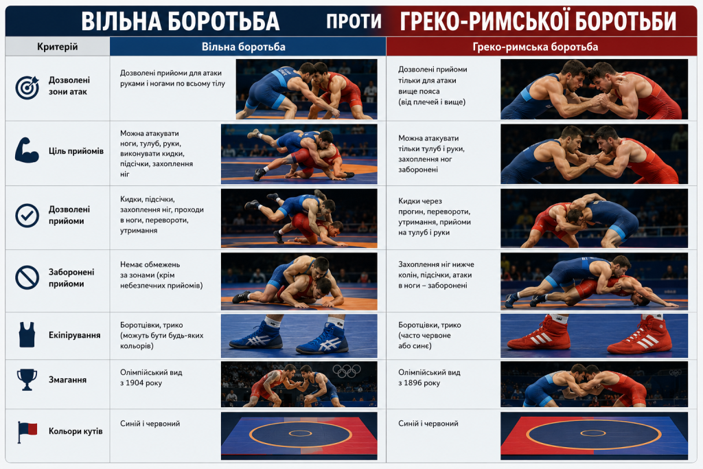 Порівняльна таблиця вільної та греко-римської боротьби з дозволеними прийомами, зонами атак, екіпіруванням і правилами