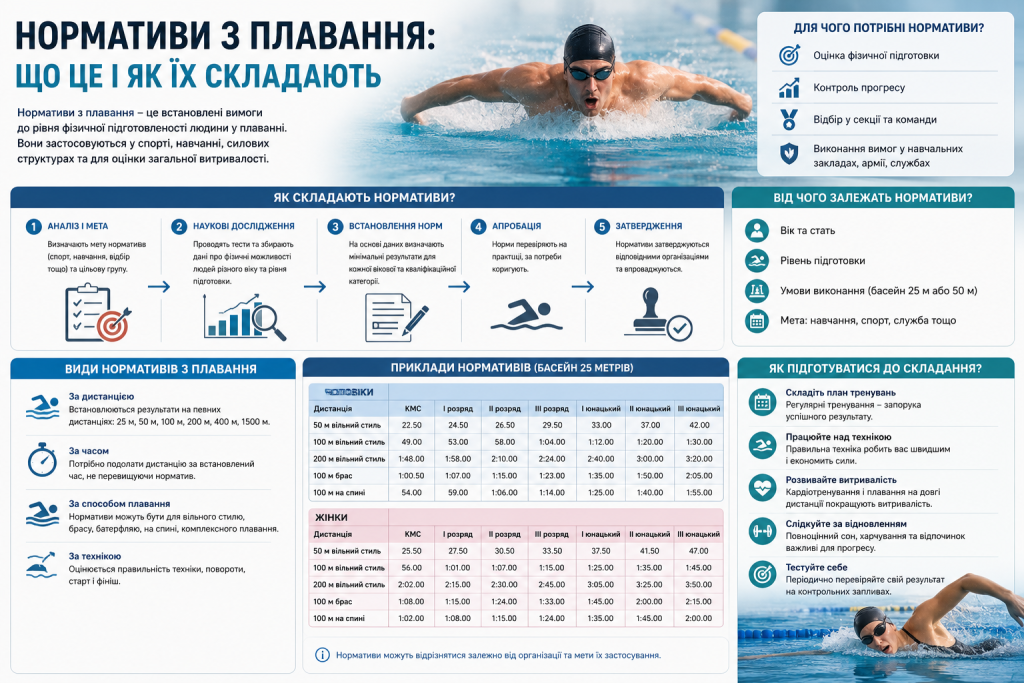 Інфографіка про нормативи з плавання, види дистанцій, часові показники, категорії спортсменів і підготовку до здачі
