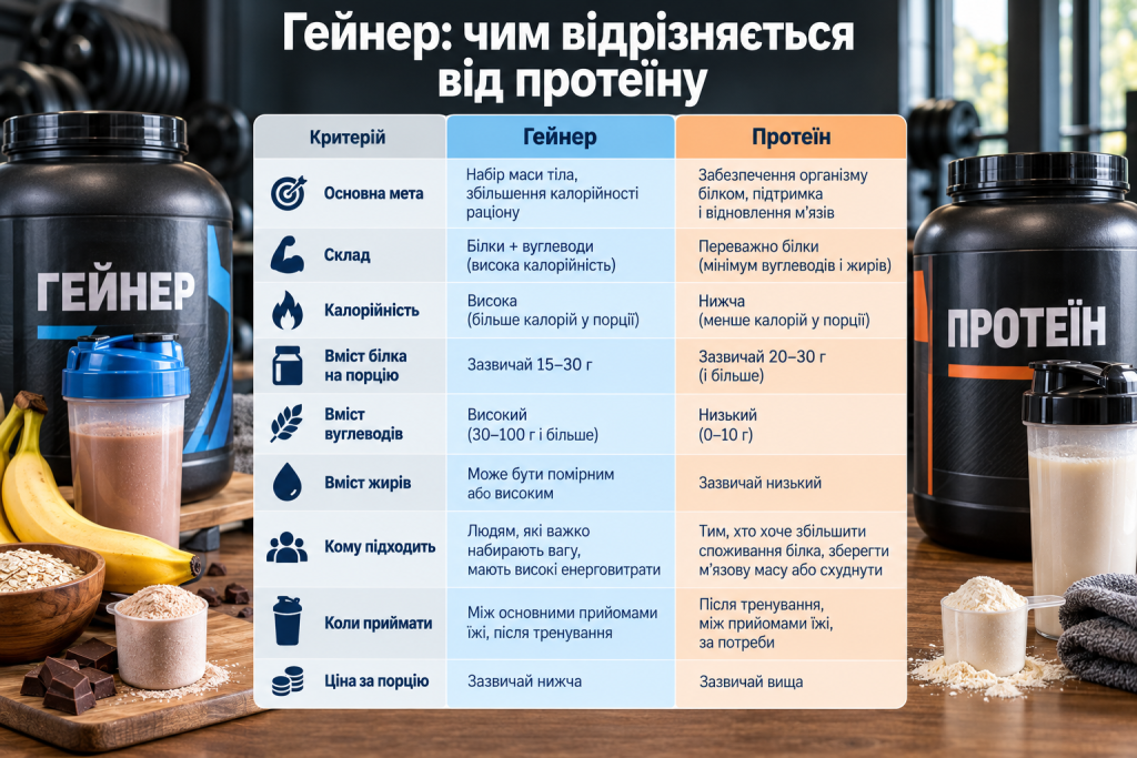 Інфографіка з порівнянням гейнера та протеїну за складом, калорійністю, вмістом білка та призначенням.