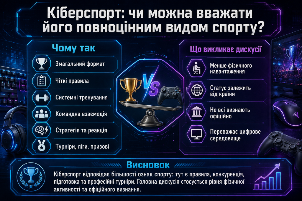Інфографіка про кіберспорт, його спортивні ознаки, змагальний формат, тренування, командну взаємодію та дискусійні аспекти