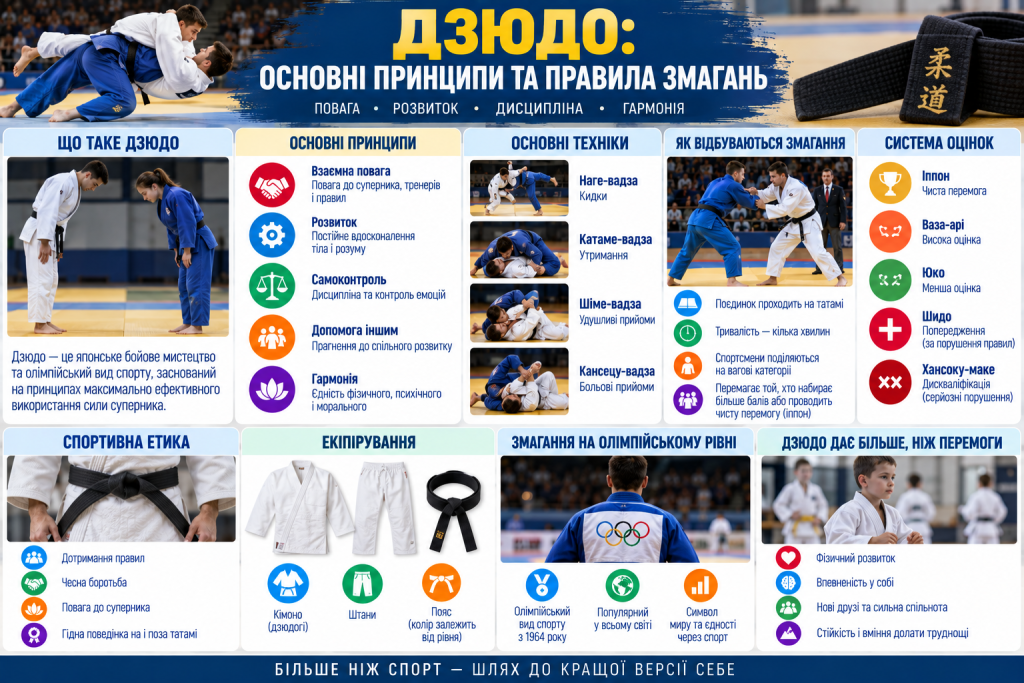 Інфографіка про дзюдо з основними принципами, техніками кидків і утримань, правилами змагань, оцінками та екіпіруванням