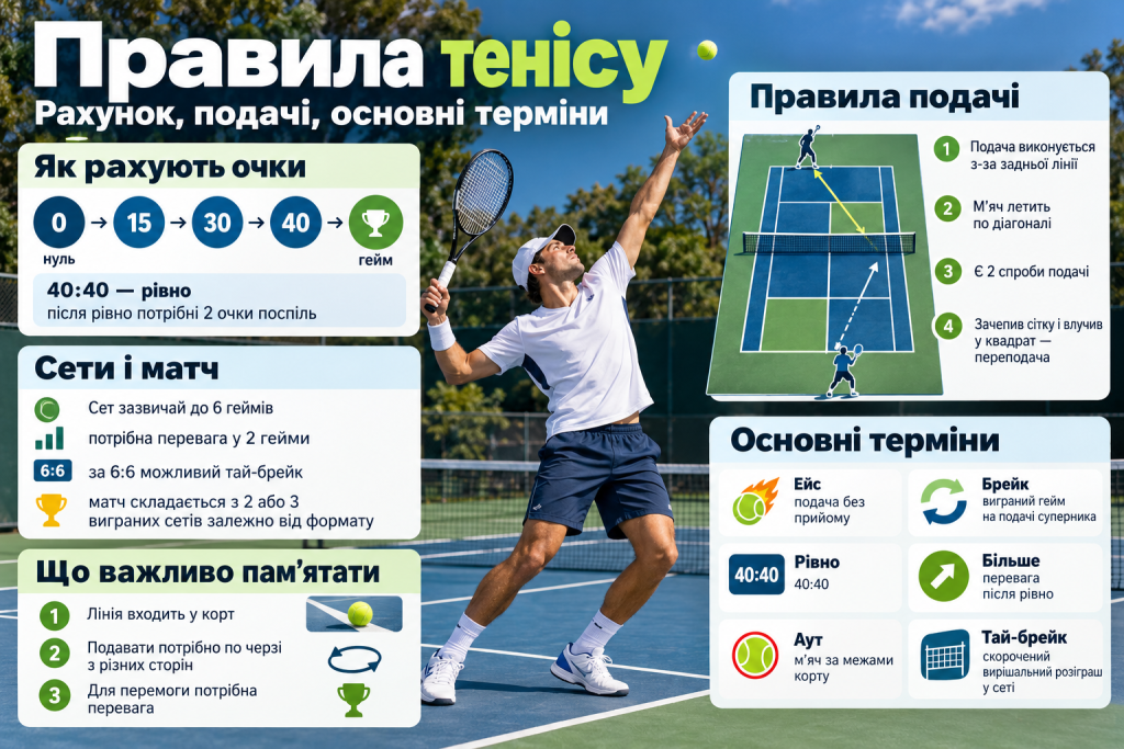 Інфографіка про правила великого тенісу: система підрахунку очок, правила подачі, сети, гейми, тай-брейк та основні тенісні терміни.