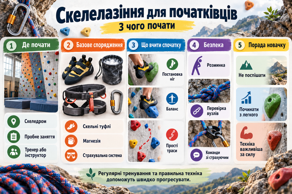Навчальна інфографіка про скелелазіння для початківців, вибір спорядження, основи техніки лазіння, правила безпеки та поради для перших тренувань.