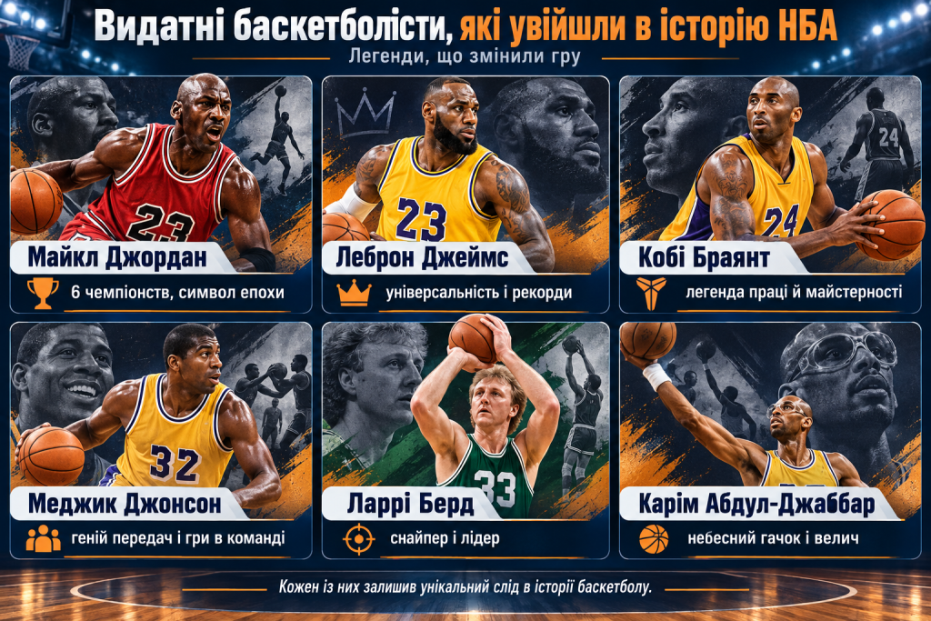 Інфографіка про легендарних баскетболістів НБА: Майкла Джордана, Леброна Джеймса, Кобі Браянта, Меджика Джонсона, Ларрі Берда та Каріма Абдул-Джаббара.