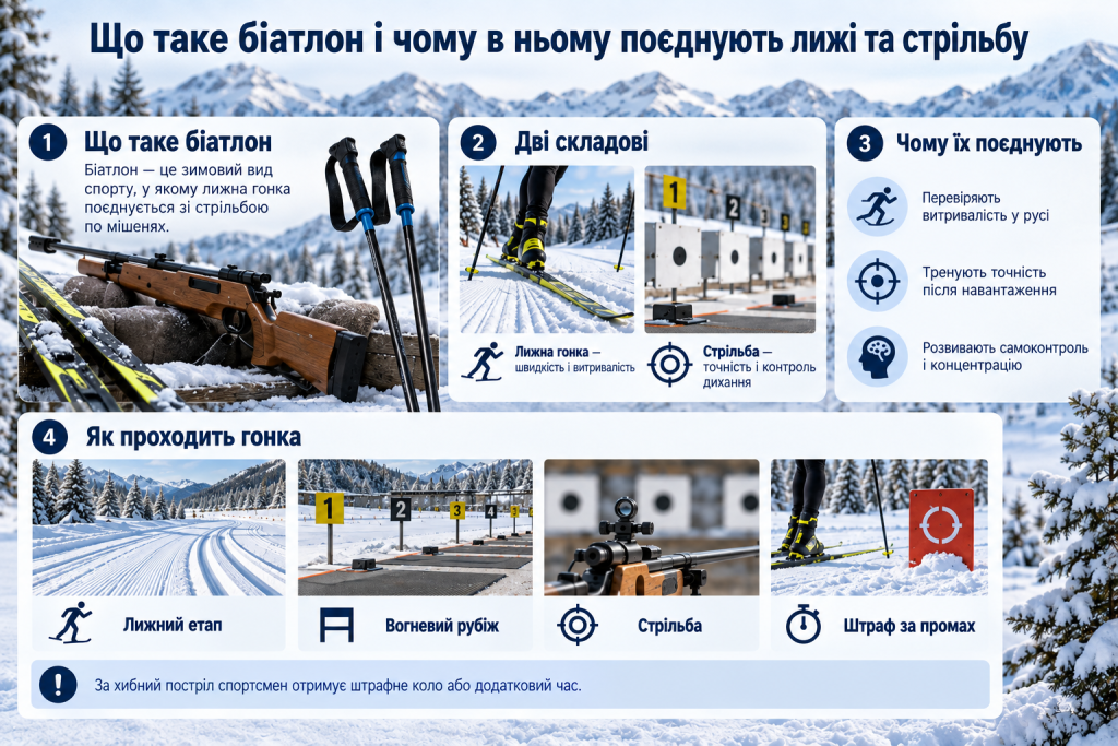 Інфографіка про біатлон, лижну гонку, стрільбу, етапи змагань і штрафи за промахи