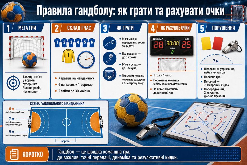 Інфографіка з основними правилами гандболу, складом команди, підрахунком очок, порушеннями та схемою майданчика